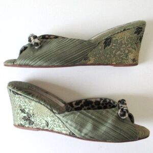 Olivia Rose Tal Elegant Satin Brocade with Cheetah Print Green Wedge Sandals
